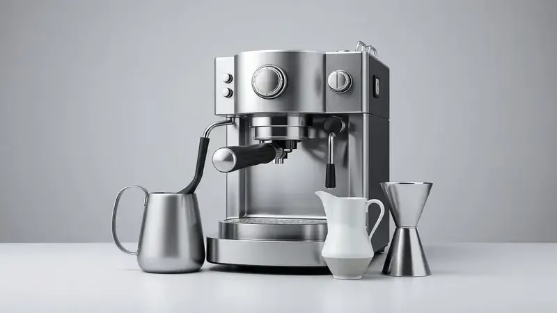 Estação de café conceitual com máquina de espresso, jarra de leite e acessórios essenciais para fazer cappuccino.