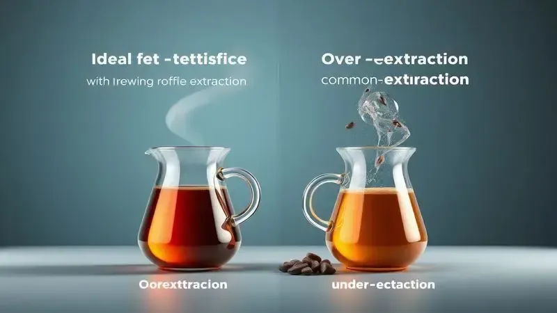 Ilustração conceitual contrastando extração perfeita do café versus erros comuns que causam sabor amargo ou fraco.