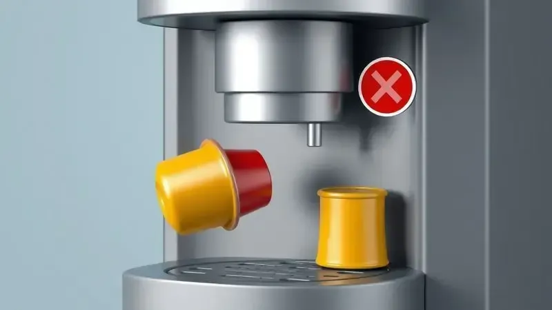 Ilustração de cápsula incompatível sendo inserida em máquina de café com símbolo de erro.