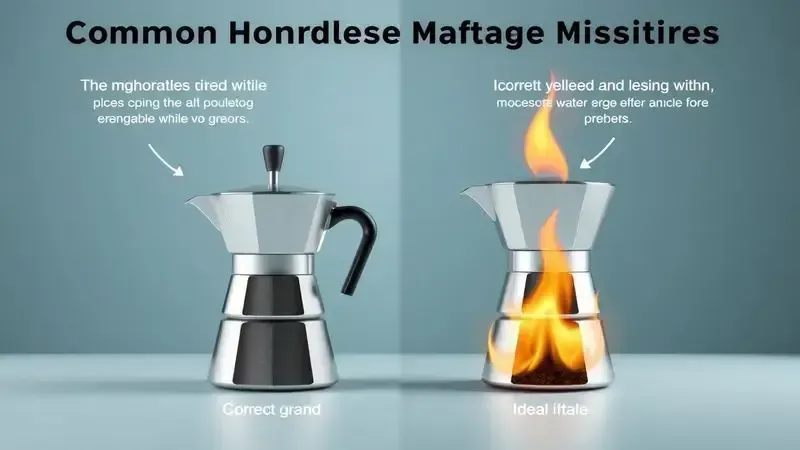 Ilustração comparativa mostrando erros comuns e práticas corretas no uso da cafeteira italiana