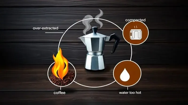Ilustração conceitual mostrando erros comuns no preparo do café na cafeteira italiana.