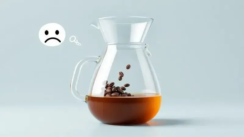 Representação artística dos erros comuns no preparo do café, como grãos velhos e água na temperatura errada.