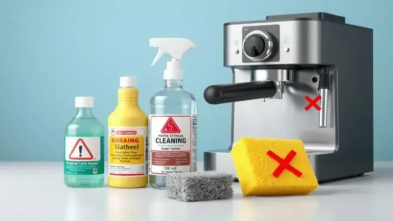 Produtos inadequados para limpeza de cafeteira como químicos agressivos e esponjas abrasivas.