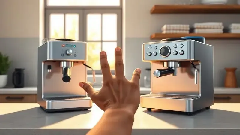 Mão escolhendo entre diferentes cafeteiras espresso em uma cozinha bem iluminada, representando a decisão de compra