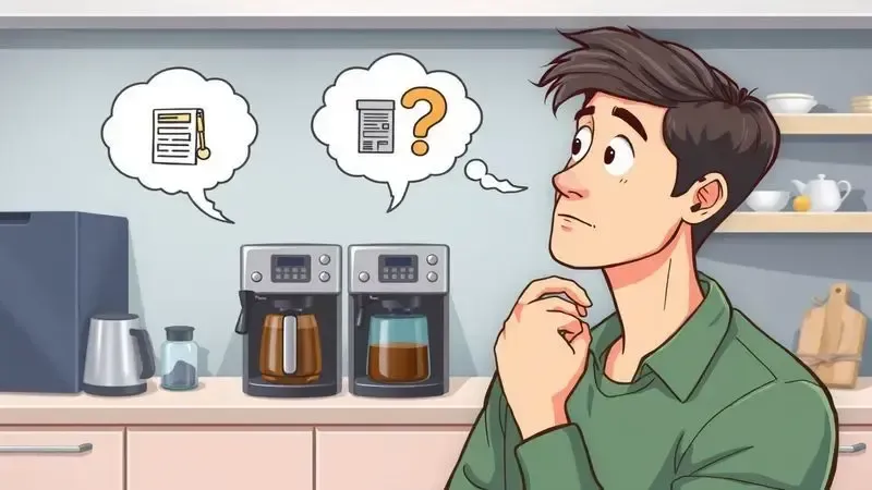Cena conceitual de pessoa avaliando opções de cafeteiras para escolha ideal em ambiente moderno