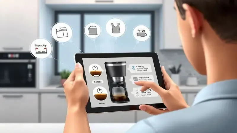 Cena ilustrativa de pessoa analisando diferentes características de cafeteiras para escolha ideal