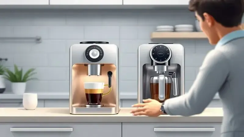 Ilustração conceitual de pessoa escolhendo entre cafeteira de cápsula e de pó na cozinha