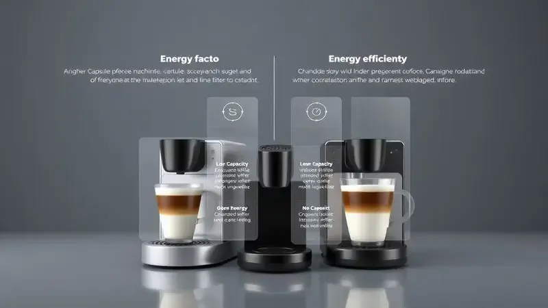 Render 3D artístico ilustrando comparação conceitual de características de cafeteiras de cápsulas para escolha ideal