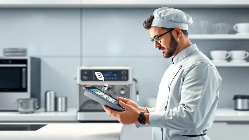 Conceito de escolha de cafeteira industrial analisando características técnicas em ambiente profissional.