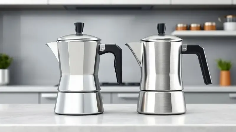 Ilustração conceitual comparando duas cafeteiras italiana, uma de alumínio brilhante e outra de aço inox escovado.