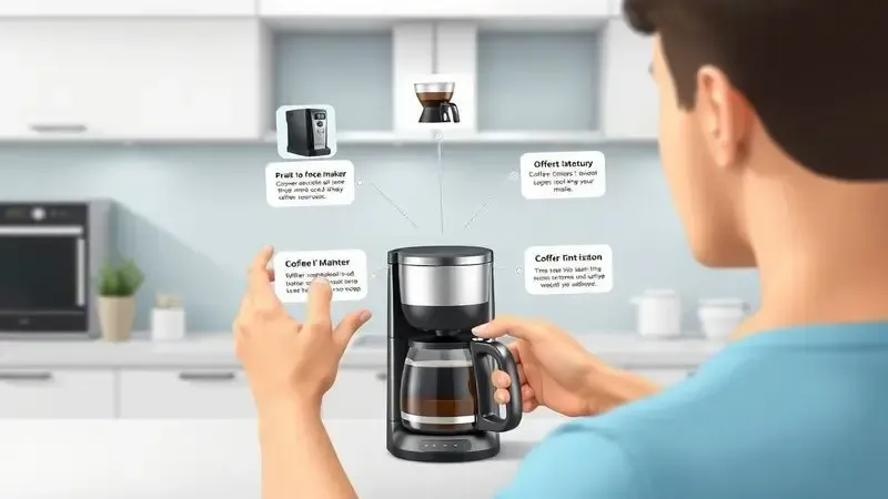 Ilustração conceitual de pessoa analisando características de cafeteiras para tomada de decisão