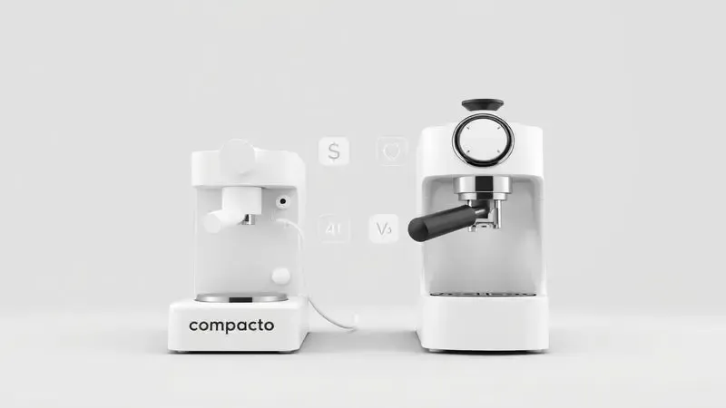 Comparação visual conceitual entre modelos compactos e robustos de cafeteiras, com ícones de custo e voltagem.