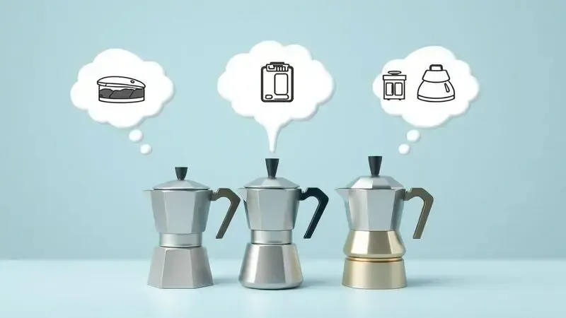 Ilustração conceitual de pessoa comparando características de cafeteiras italianas com ícones de material, capacidade e compatibilidade