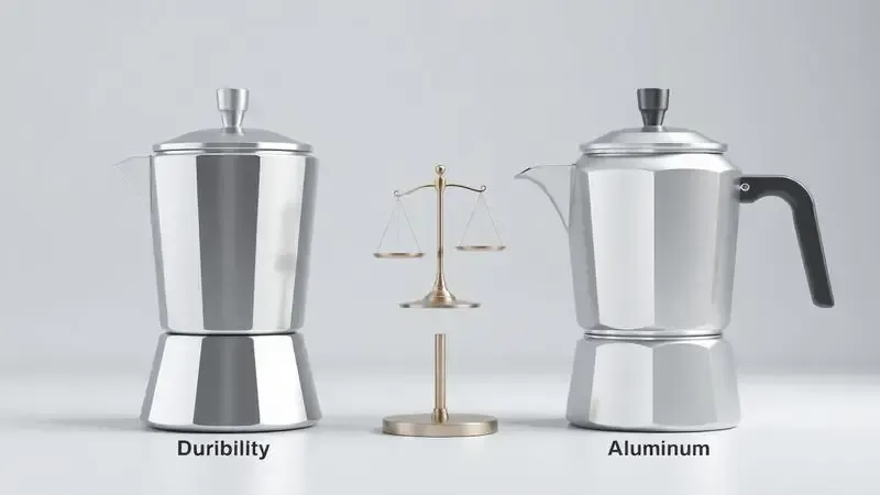 Conceito visual comparando materiais de cafeteiras italianas: aço inoxidável versus alumínio, para durabilidade e custo-benefício.