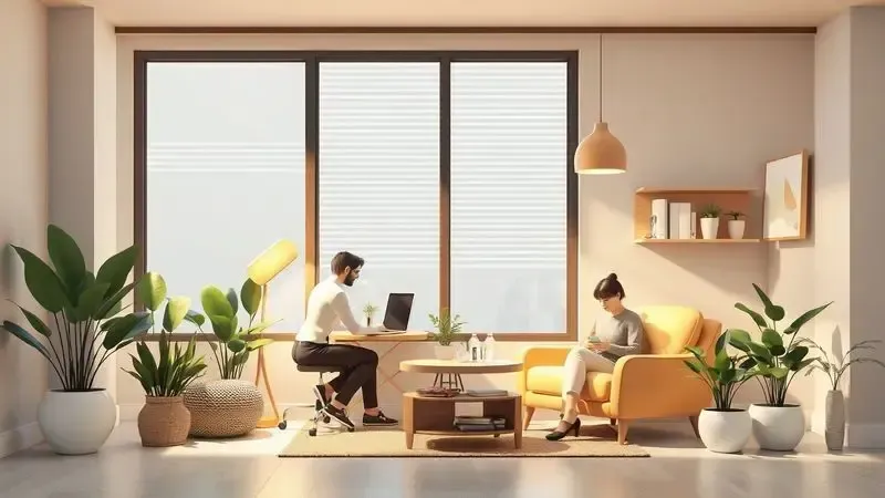 Ilustração digital de um espaço de café aconchegante no escritório com elementos de conforto e socialização.