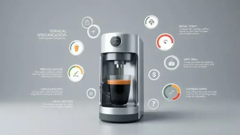 Ilustração conceitual de especificações técnicas de cafeteira com indicadores de pressão, temperatura e consumo energético