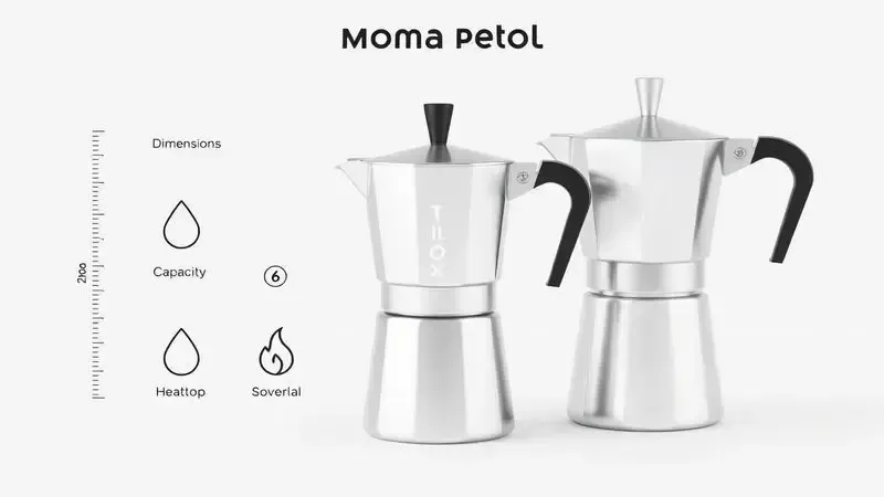 Infográfico ilustrativo com ícones representando as especificações técnicas de uma cafeteira moka