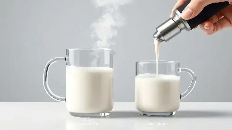 Ilustração conceitual do processo de espumar leite criando microespuma cremosa.