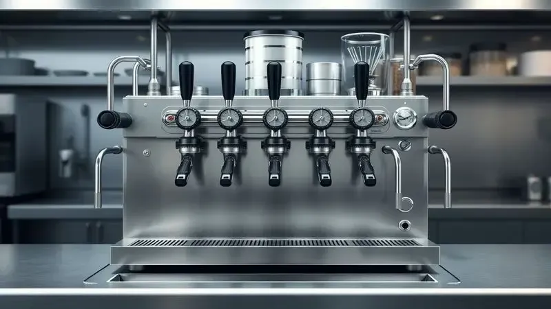 Estação de preparo de café profissional conceitual com componentes industriais e controles avançados em ambiente comercial