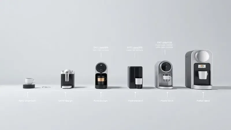 Linha do tempo conceitual mostrando evolução do design das cafeteiras de cápsula através das décadas.