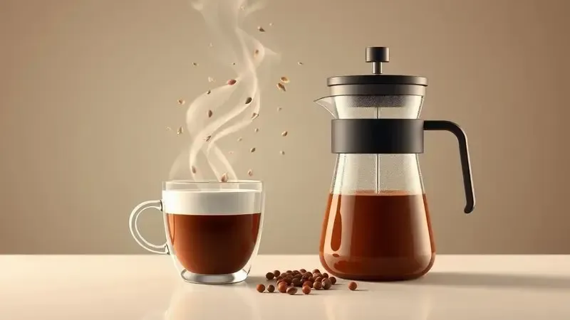 Ilustração conceitual de experiência sensorial do café, com aroma, sabor e temperatura preservados.
