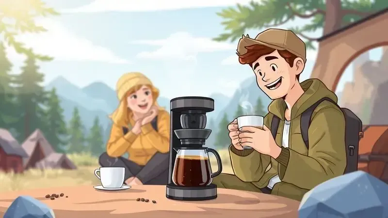 Cena conceitual mostrando o uso satisfatório de cafeteira portátil em ambientes externos como viagens e acampamentos