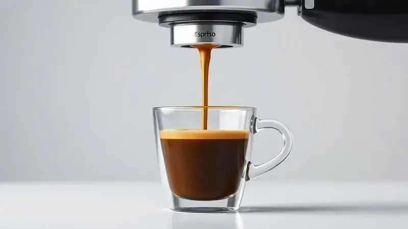 Ilustração artística da extração de espresso com crema dourada saindo do porta-filtro, mostrando qualidade da pressão da máquina