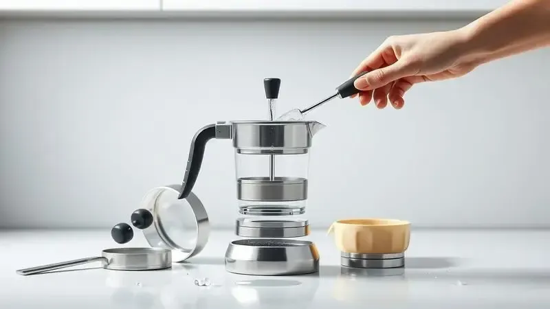 Cena ilustrativa da facilidade de limpeza de cafeteira italiana com componentes desmontados para manutenção