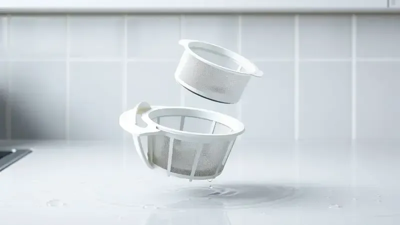 Render 3D das partes removíveis de uma cafeteira conceitual, como cesto de filtro e reservatório, destacando facilidade de limpeza.