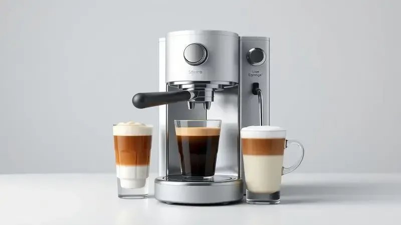 Render 3D conceitual mostrando diferentes bebidas de café sendo preparadas em máquina multibebidas.