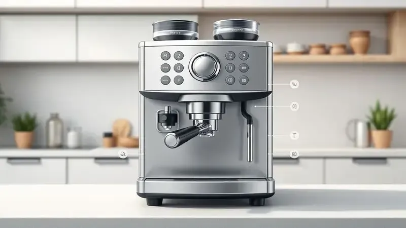 Interface simplificada de cafeteira espresso com controles intuitivos e grandes botões para iniciantes