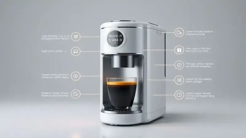 Ilustração 3D de cafeteira de cápsulas com interface touch de fácil uso.