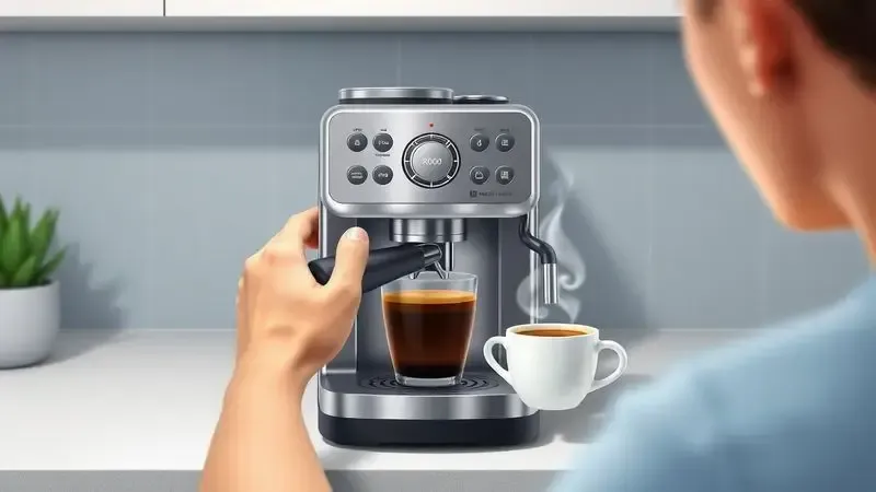 Ilustração de uso de cafeteira compacta com botões intuitivos e café sendo preparado.