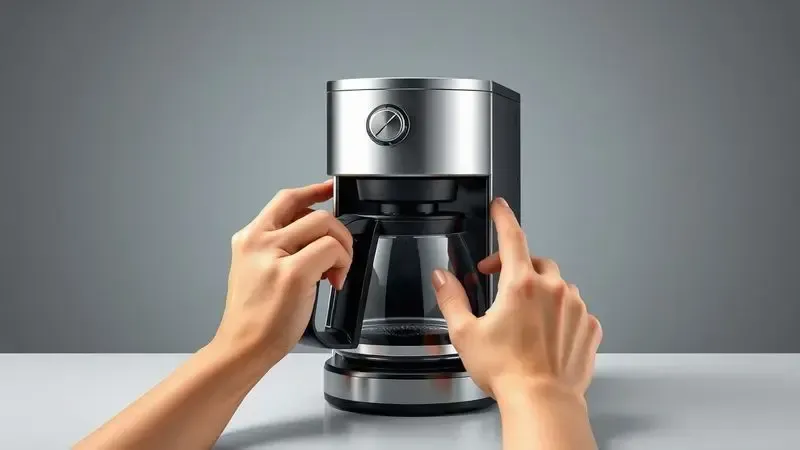 Ilustração conceitual da facilidade de uso e limpeza de uma cafeteira, mostrando mãos realizando tarefas simples