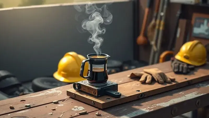 Cena ilustrativa de preparo de café portátil em ambiente de trabalho externo, com vapor e elementos do canteiro de obras.