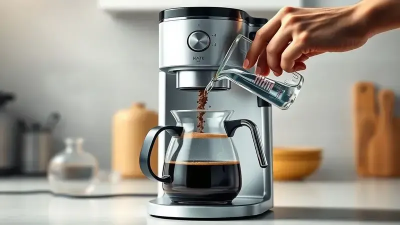 Ilustração conceitual de preparo de café em cafeteira elétrica mostrando mãos medindo pó e água.