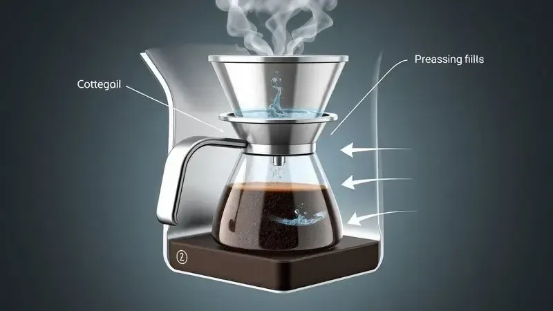 Visão em corte do sistema de filtro por percolação da cafeteira italiana