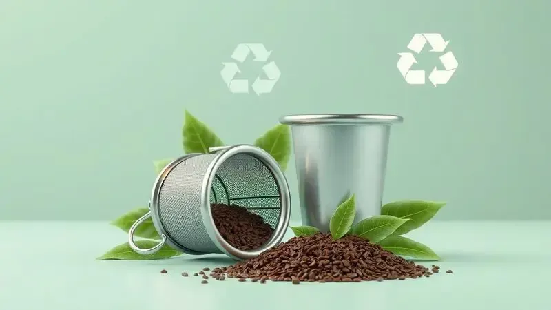 Ilustração 3D conceitual de filtro de café permanente e reutilizável com símbolos de sustentabilidade