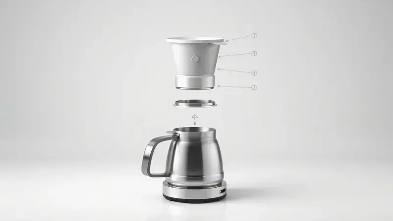 Ilustração conceitual de vista explodida mostrando filtro removível separado do corpo da cafeteira inox.
