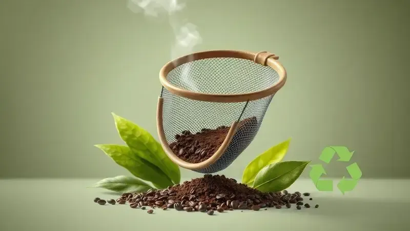 Ilustração conceitual de filtro reutilizável para cafeteira com símbolos de sustentabilidade.