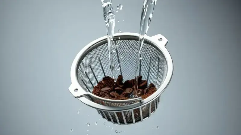 Ilustração artística de um filtro de café reutilizável de metal sendo lavado, conceito de sustentabilidade