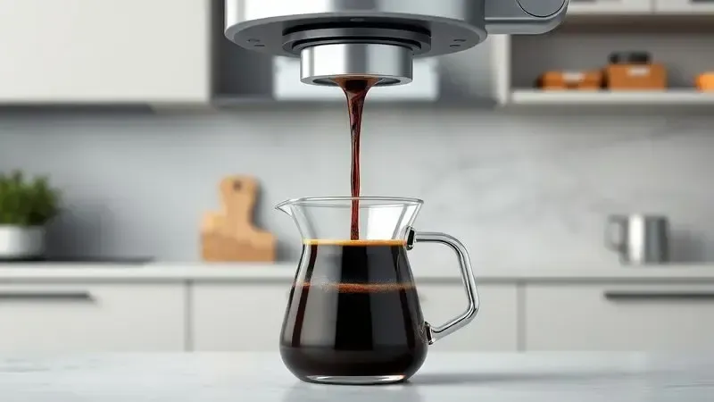 Render artístico do fluxo de café quente saindo do borrifador de uma cafeteira para a jarra.
