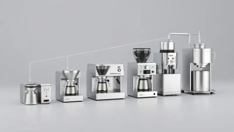 Fluxo de trabalho conceitual mostrando máquinas de café organizadas por capacidade de produção crescente