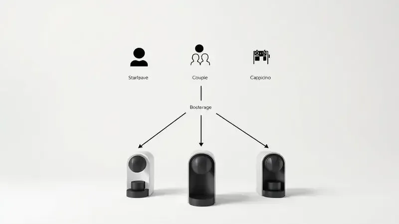Diagrama de fluxo ou árvore de decisão estilizado para escolher cafeteira por perfil, orçamento e bebidas.