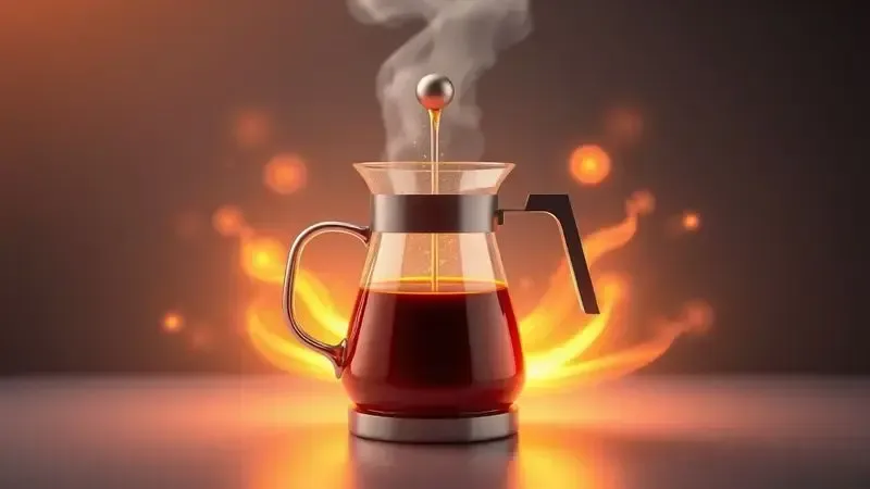 Ilustração 3D de cafeteira mantendo café aquecido com ondas de calor, conceito de eficiência térmica