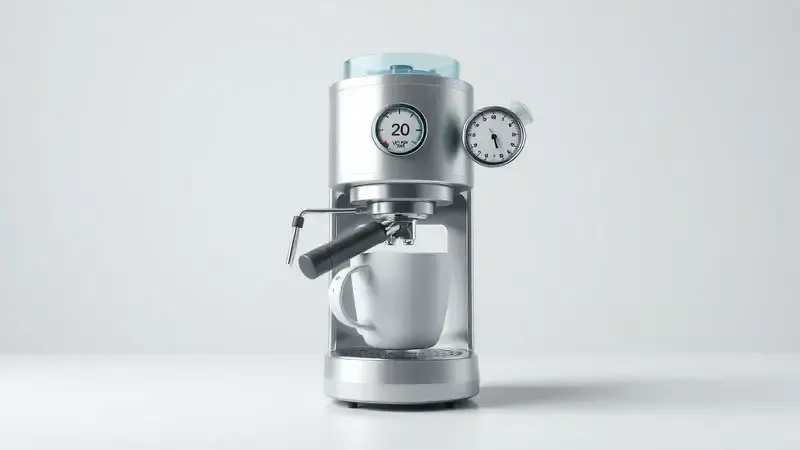 Render 3D artístico das funcionalidades de cafeteira com tanque de água, pressão 20 BAR e ajustes de bebida.