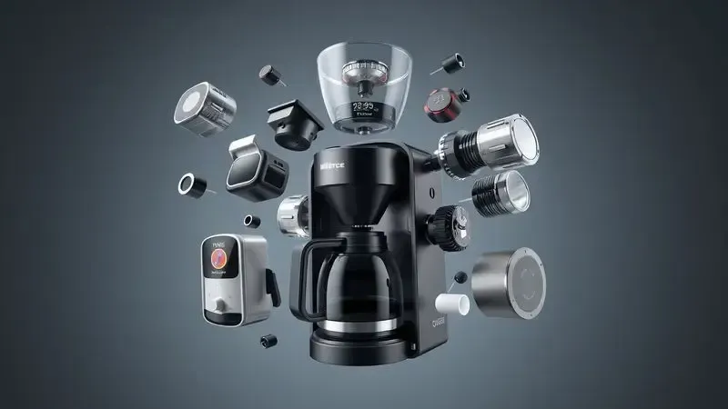 Visão conceitual de funcionalidades de cafeteira com controles de temperatura, timer e mecanismos de preparo em 3D.