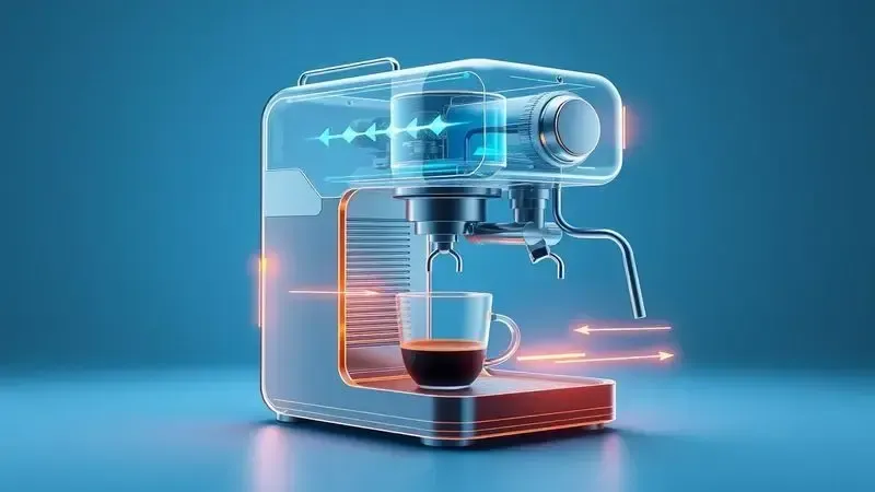 Diagrama ilustrativo em 3D mostrando o fluxo de água e pressão dentro de uma cafeteira espresso.