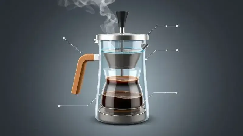 Ilustração em corte transversal mostrando o funcionamento interno de uma cafeteira italiana com movimento de vapor e água