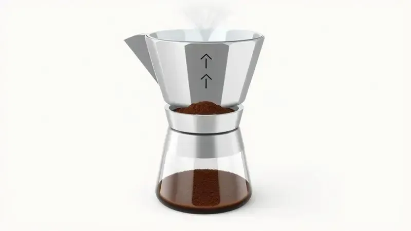 Diagrama ilustrativo do funcionamento interno de uma cafeteira italiana mostrando as três câmaras e o processo de extração.